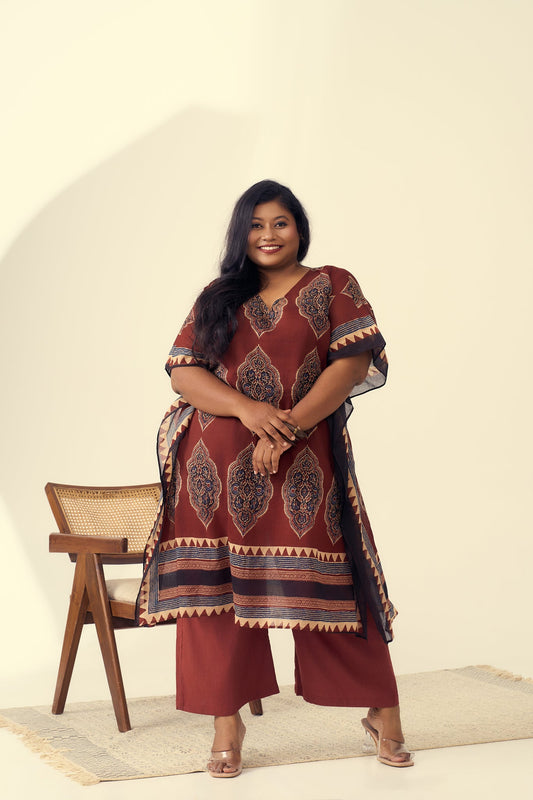 Rust Kaftan Co-ord Set With Ethnic Print