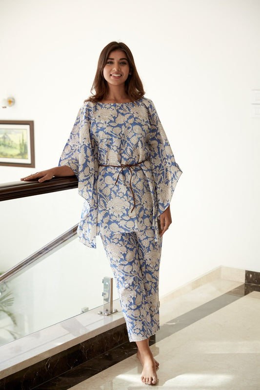 Blue Floral Cotton Kaftan Co ord Set
