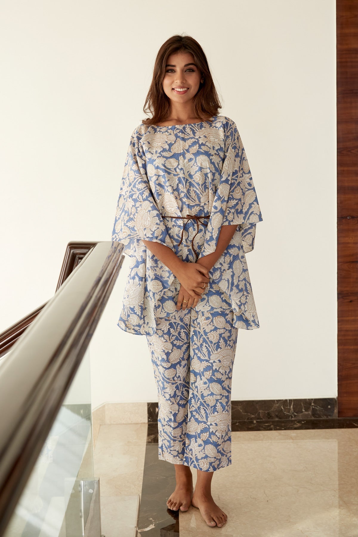 Blue Floral Cotton Kaftan Co ord Set