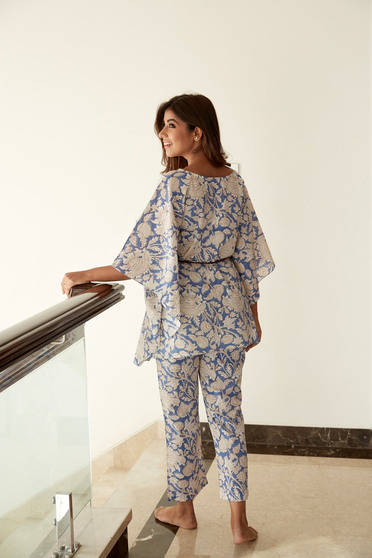 Blue Floral Cotton Kaftan Co ord Set
